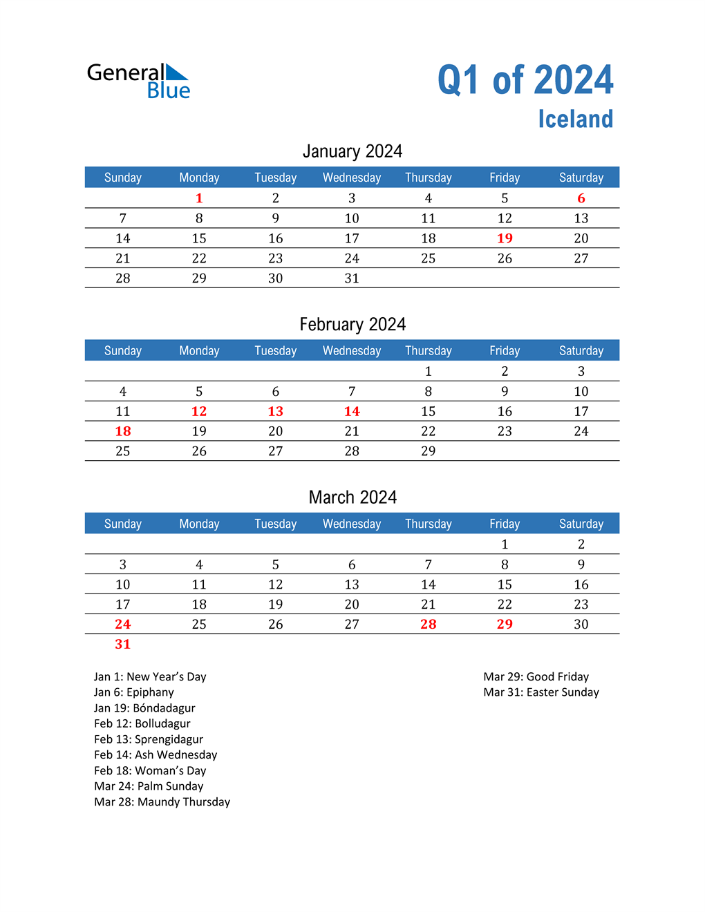  Iceland 2024 Quarterly Calendar 