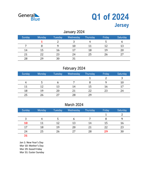 Q1 2024 Quarterly Calendar with Jersey Holidays