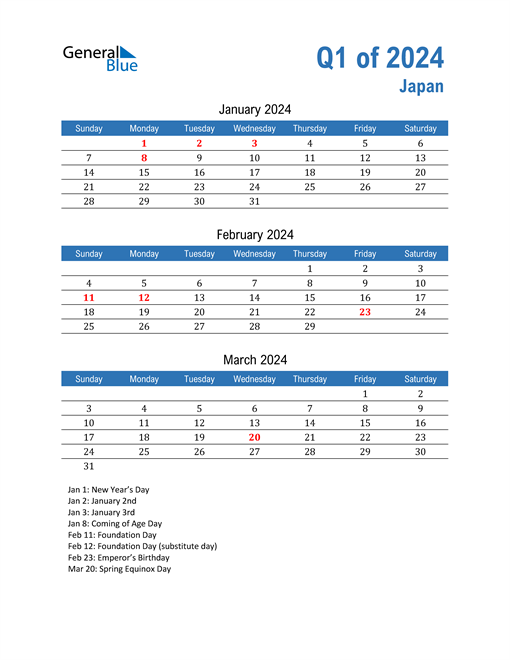  Japan 2024 Quarterly Calendar 