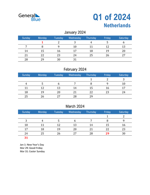  Netherlands 2024 Quarterly Calendar 