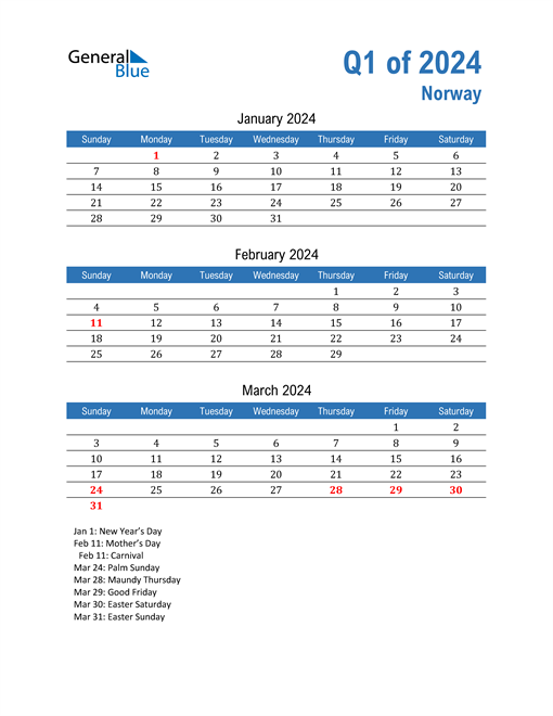 Q1 2024 Quarterly Calendar for Norway