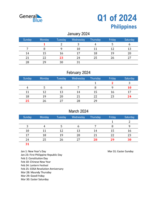 Q1 2024 Quarterly Calendar with Philippines Holidays