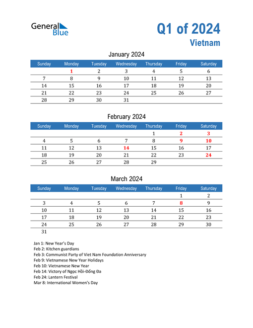  Vietnam 2024 Quarterly Calendar 