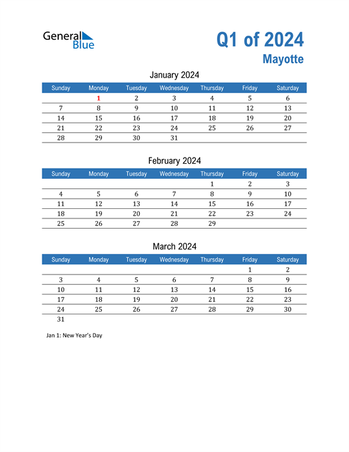  Mayotte 2024 Quarterly Calendar 