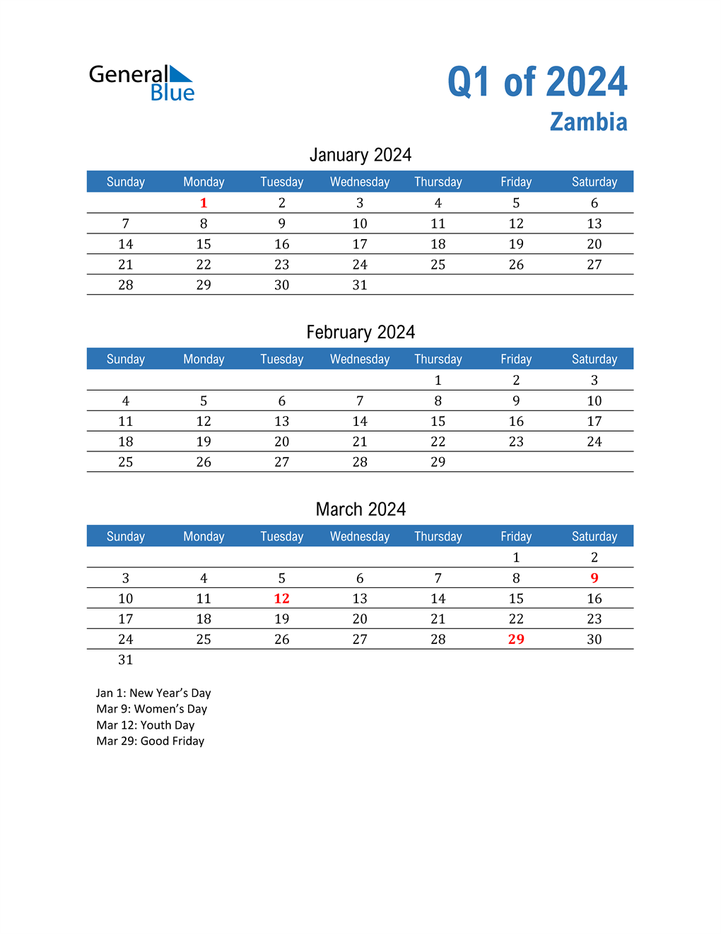 Q1 2024 Quarterly Calendar for Zambia