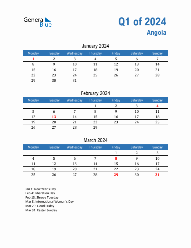 Angola 2024 Quarterly Calendar with Monday Start