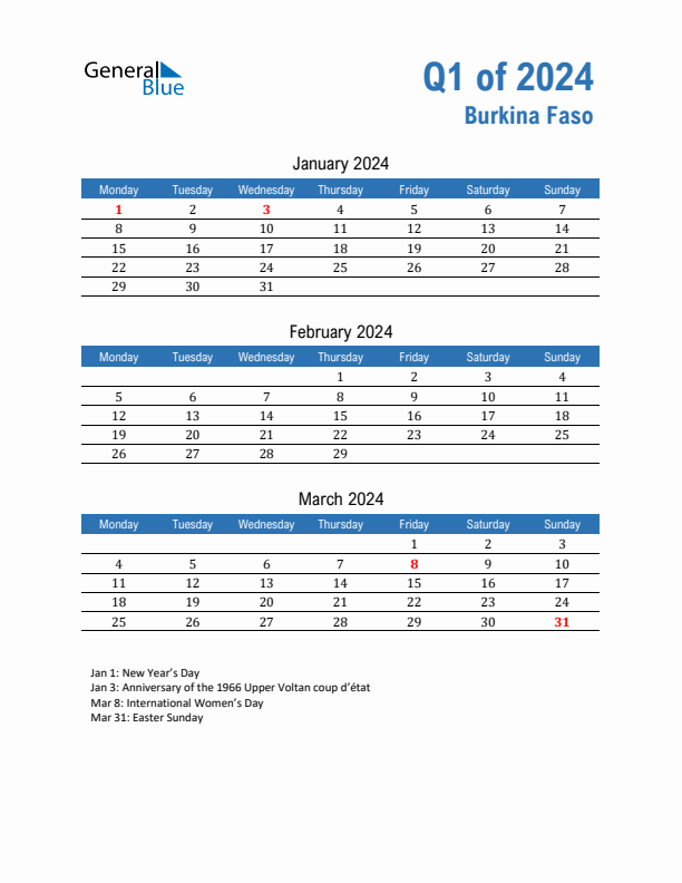 Burkina Faso 2024 Quarterly Calendar with Monday Start