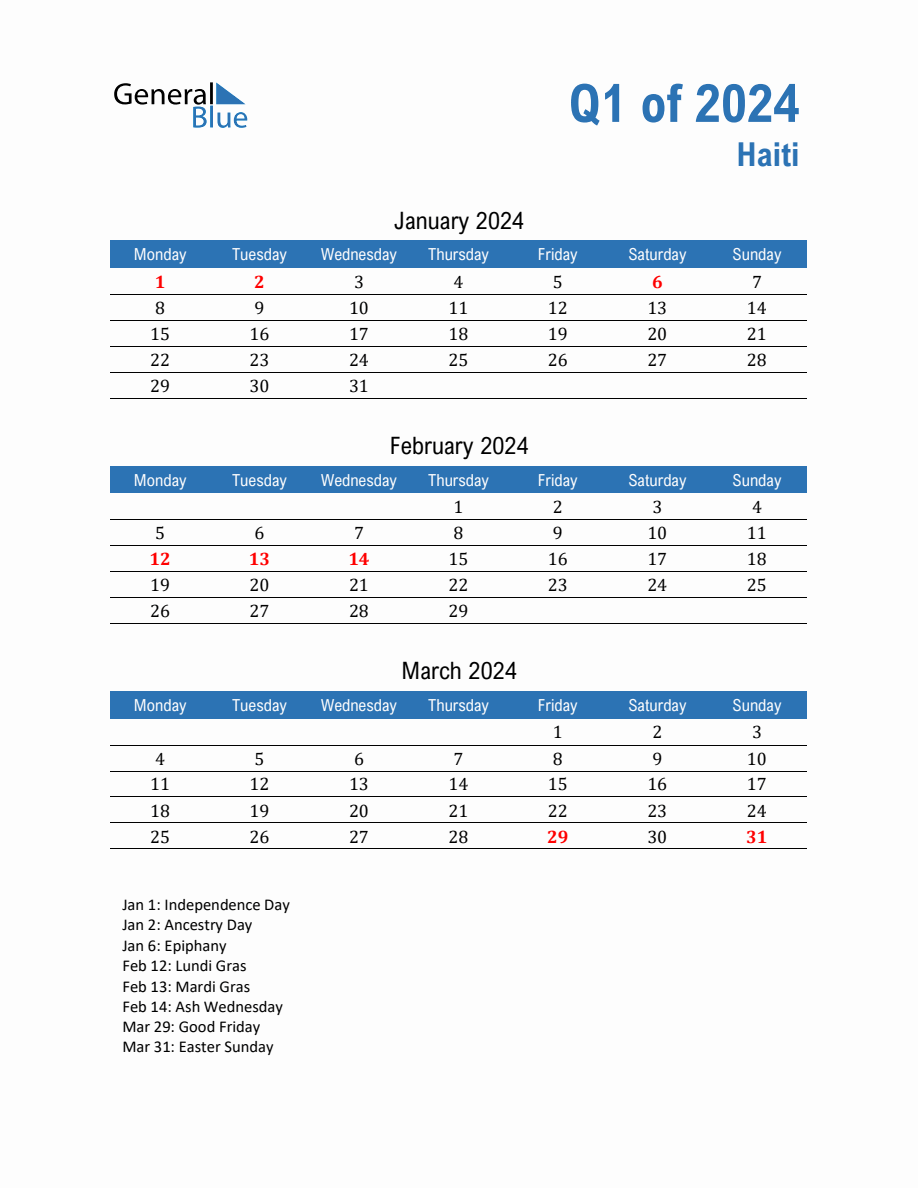 Haiti 2024 Quarterly Calendar with Monday Start