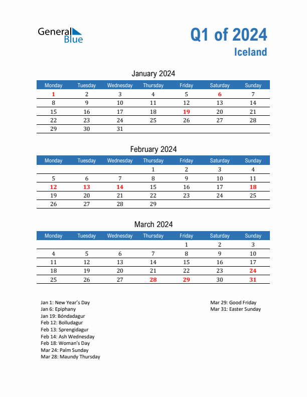 Iceland 2024 Quarterly Calendar with Monday Start