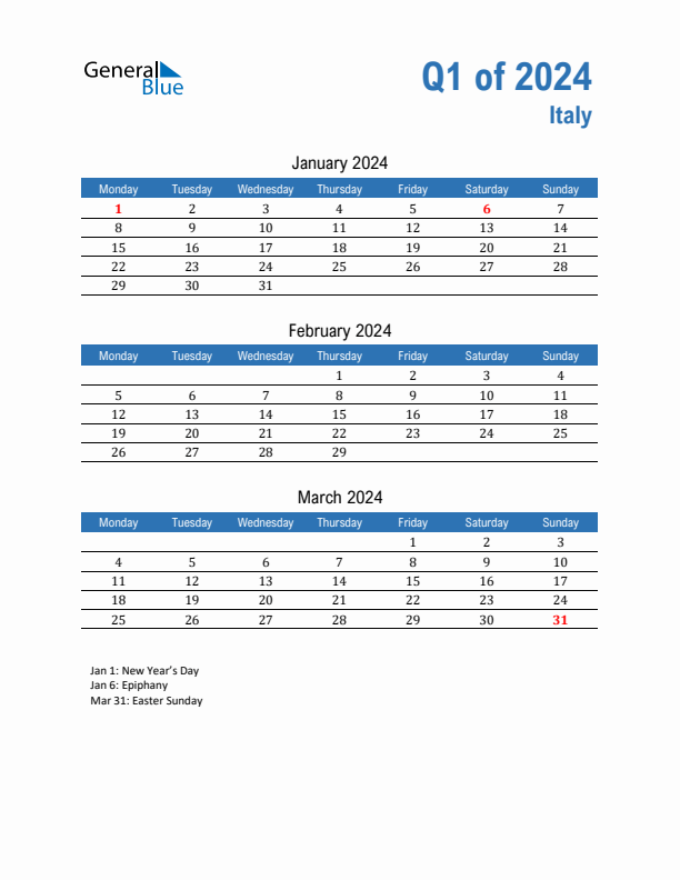 Threemonth calendar for Italy Q1 of 2024