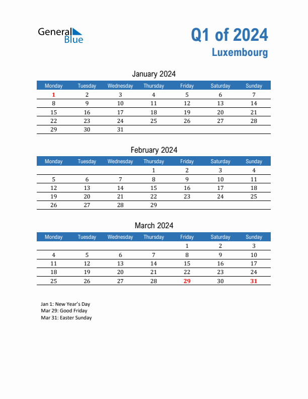 Luxembourg 2024 Quarterly Calendar with Monday Start
