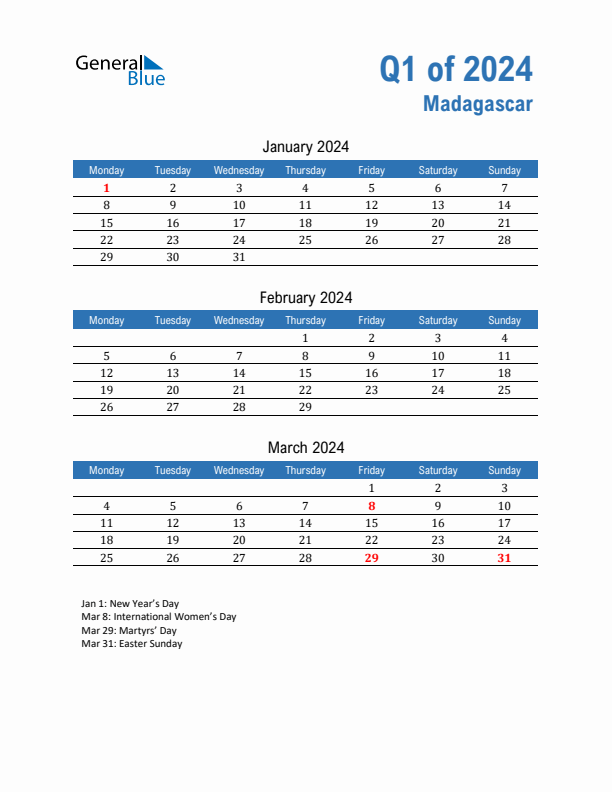Madagascar 2024 Quarterly Calendar with Monday Start