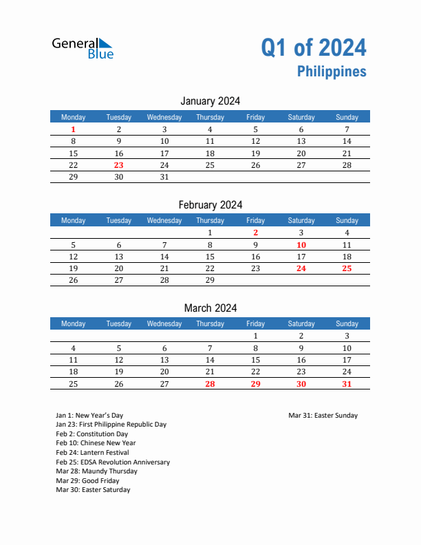 Philippines 2024 Quarterly Calendar with Monday Start
