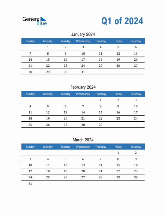 Quarter 1 2024 calendar template