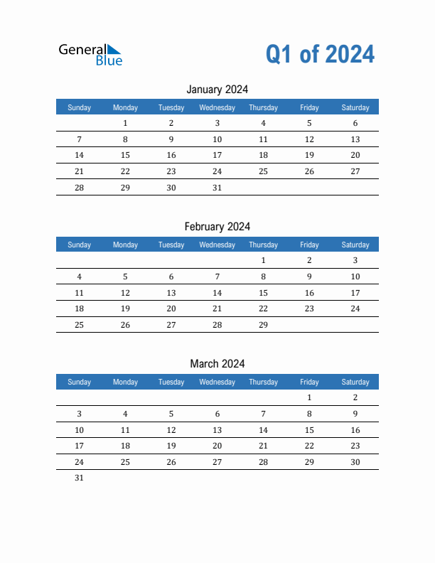 Fillable Quarterly Calendar for Q1 2024