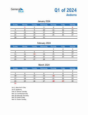 Andorra Quarter 1  2024 calendar template