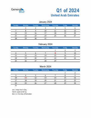 United Arab Emirates Quarter 1  2024 calendar template