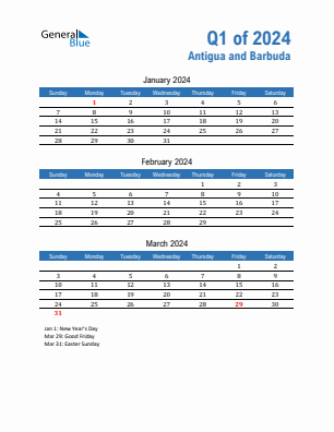 Antigua and Barbuda Quarter 1  2024 calendar template