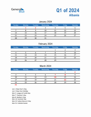 Albania Quarter 1  2024 calendar template