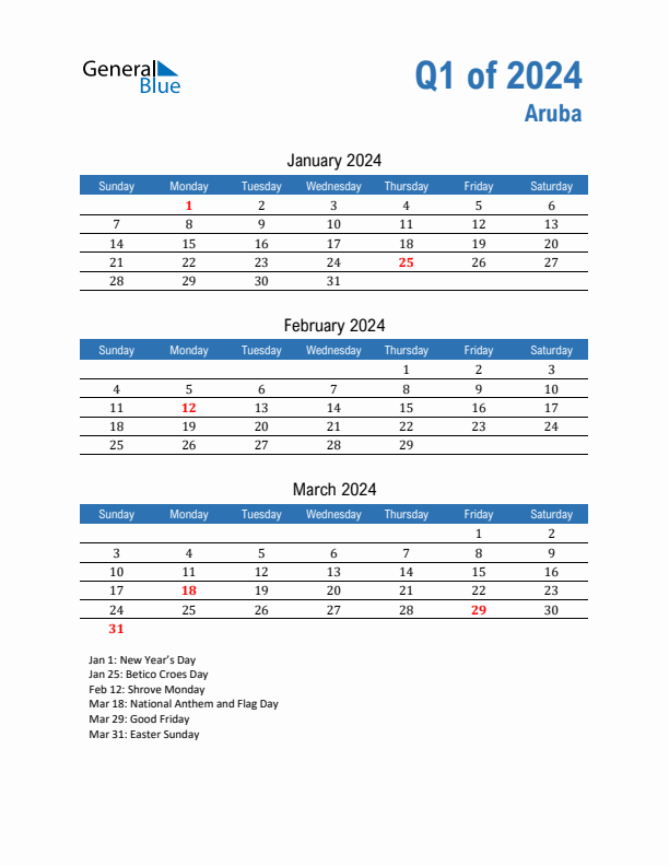 Aruba 2024 Quarterly Calendar with Sunday Start