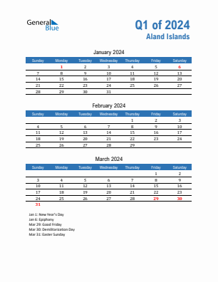 Aland Islands Quarter 1  2024 calendar template