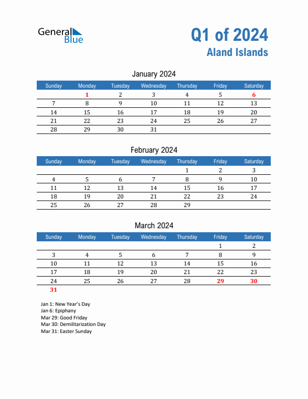 Aland Islands 2024 Quarterly Calendar with Sunday Start