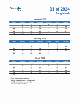 Bangladesh Quarter 1  2024 calendar template