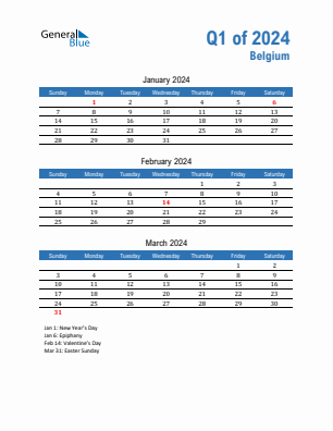Belgium Quarter 1  2024 calendar template