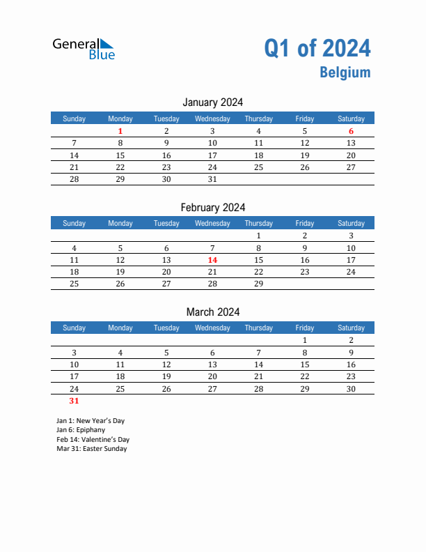 Belgium 2024 Quarterly Calendar with Sunday Start