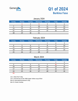 Burkina Faso Quarter 1  2024 calendar template