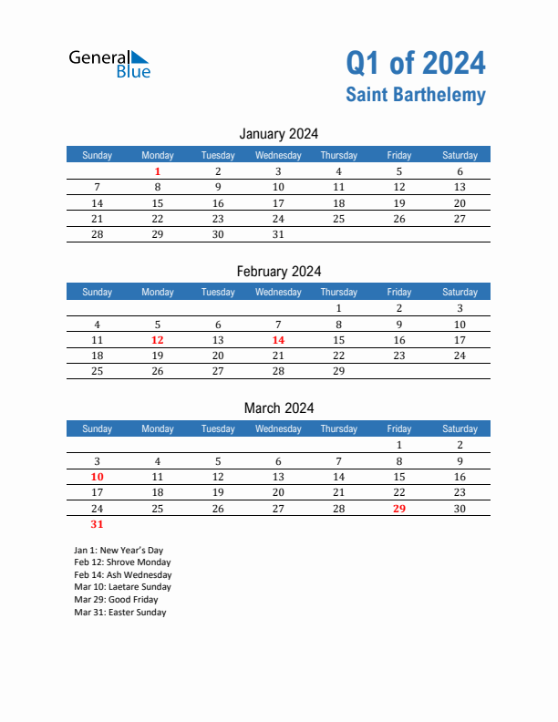 Saint Barthelemy 2024 Quarterly Calendar with Sunday Start
