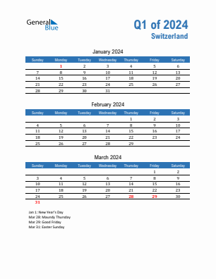 Switzerland Quarter 1  2024 calendar template