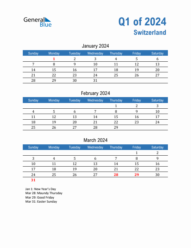 Switzerland 2024 Quarterly Calendar with Sunday Start