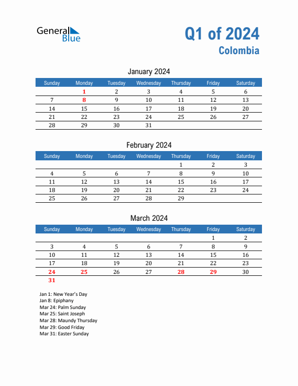 Colombia 2024 Quarterly Calendar with Sunday Start
