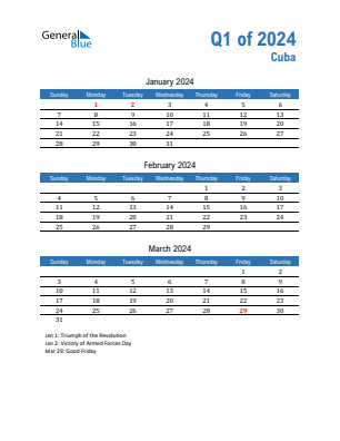 Cuba Quarter 1  2024 calendar template