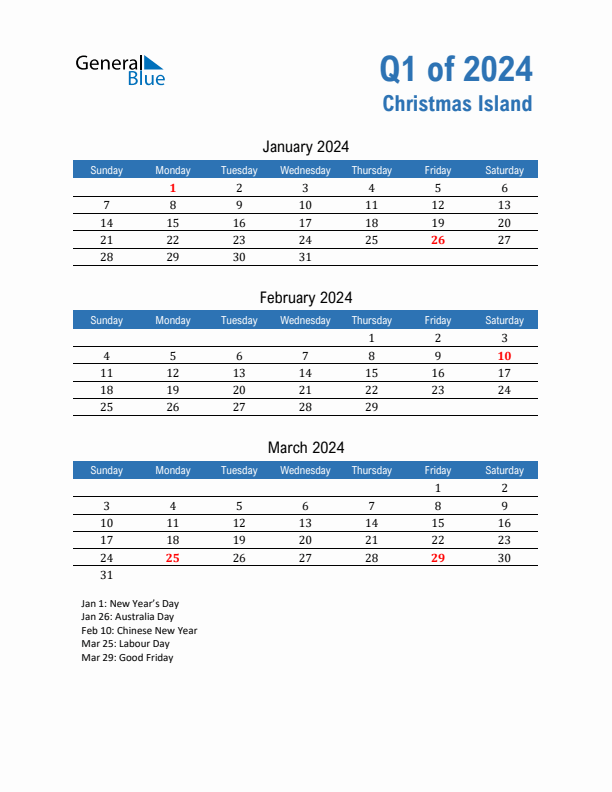 Christmas Island 2024 Quarterly Calendar with Sunday Start