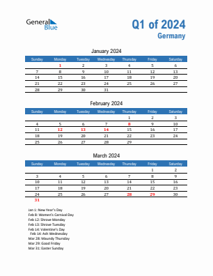 Germany Quarter 1  2024 calendar template