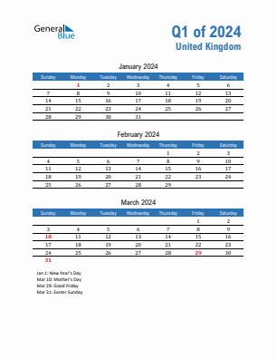 United Kingdom Quarter 1  2024 calendar template