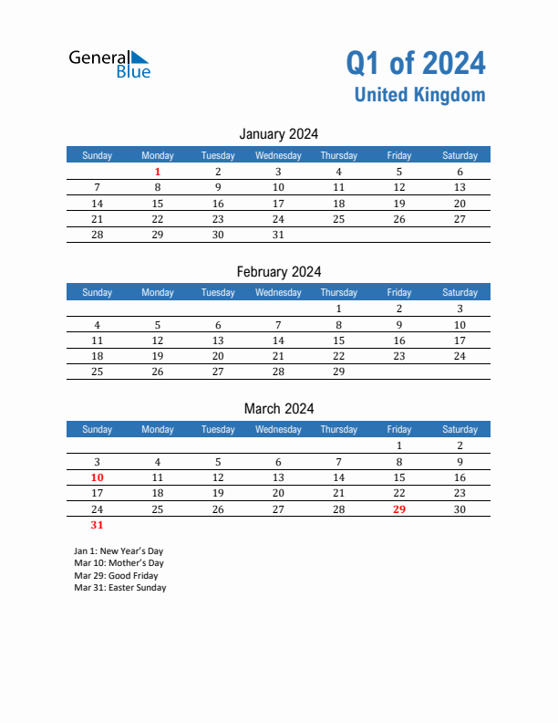 United Kingdom 2024 Quarterly Calendar with Sunday Start