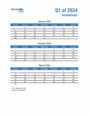 Guadeloupe Quarter 1  2024 calendar template