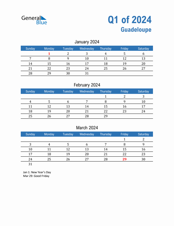 Guadeloupe 2024 Quarterly Calendar with Sunday Start