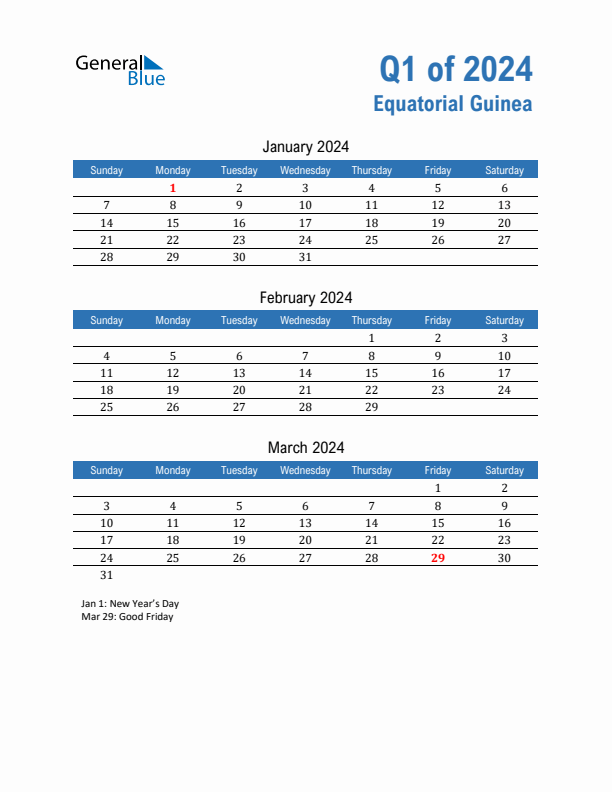 Equatorial Guinea 2024 Quarterly Calendar with Sunday Start