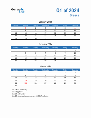 Greece Quarter 1  2024 calendar template