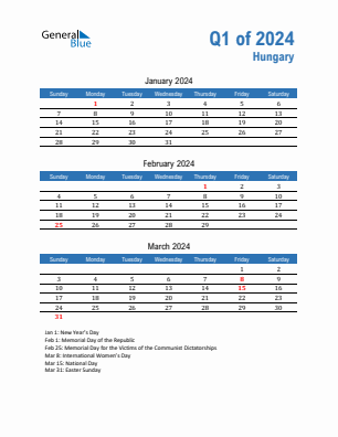 Hungary Quarter 1  2024 calendar template