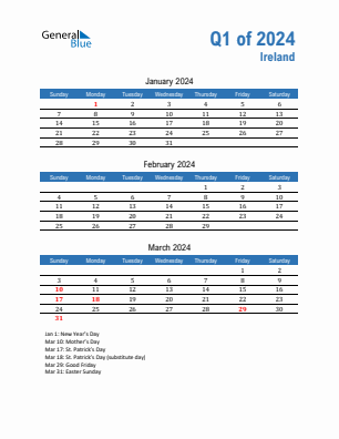 Ireland Quarter 1  2024 calendar template