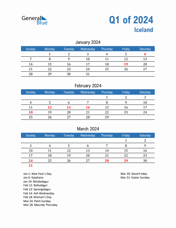 Iceland 2024 Quarterly Calendar with Sunday Start