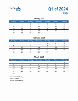 Italy Quarter 1  2024 calendar template
