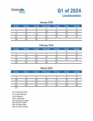 Liechtenstein Quarter 1  2024 calendar template