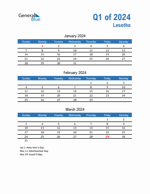 Lesotho Quarter 1  2024 calendar template
