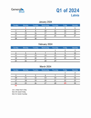 Latvia Quarter 1  2024 calendar template
